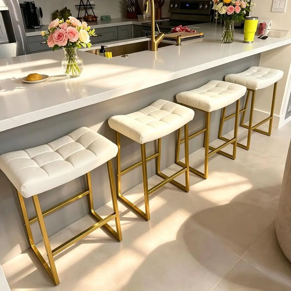 Set of 4 Upholstered Leather Counter Height Bar Stools with Gold Base, 24 Inch
Set of 4 Upholstered Leather Counter Height Bar Stools with Gold Base, 24 Inch