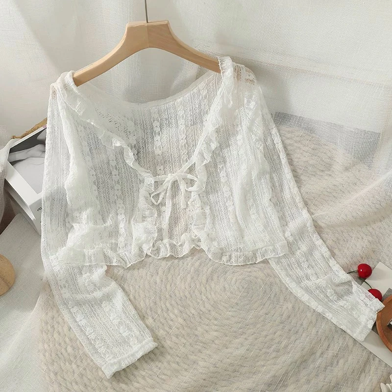 Women White Y2K Korean Style Ruffle Lace Bow Sun Protection Blouse Summer Casual Loose Thin Cardigan Coat Tops Shirt
Women White Y2K Korean Style Ruffle Lace Bow Sun Protection Blouse Summer Casual Loose Thin Cardigan Coat Tops Shirt