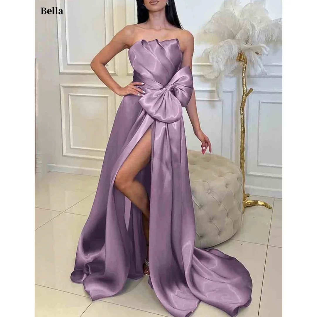 Bella Customized Lavender Prom Dresses Elegant Strapless vestidos de noche Bow Detail High Slit Wedding Guest Formal Evening
Bella Customized Lavender Prom Dresses Elegant Strapless vestidos de noche Bow Detail High Slit Wedding Guest Formal Evening