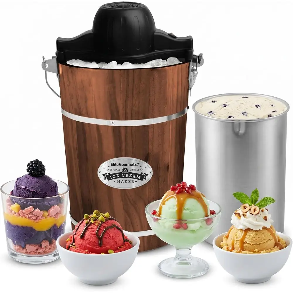 EIM949 Old ashioned 6 Quart Vintage Walnut Wood Bucket, Electric Ice Cream Maker hine Appalachian, Uses Ice and Rock Salt
EIM949 Old ashioned 6 Quart Vintage Walnut Wood Bucket, Electric Ice Cream Maker hine Appalachian, Uses Ice and Rock Salt