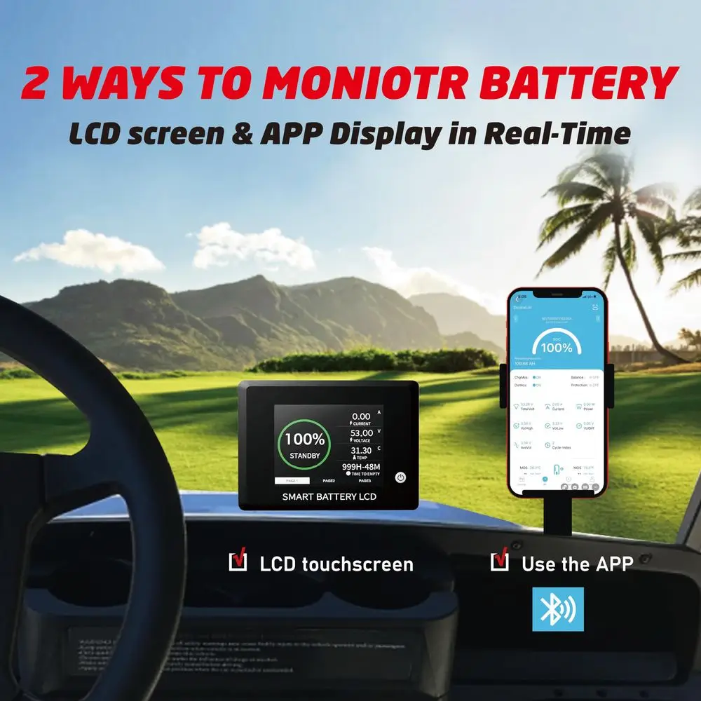 Lithium Golf Cart Battery Builtin 250A BMS,with 48V 20A Lithium Battery Charger,Mobile APP,Touch Monitor,Port Plug
Lithium Golf Cart Battery Builtin 250A BMS,with 48V 20A Lithium Battery Charger,Mobile APP,Touch Monitor,Port Plug