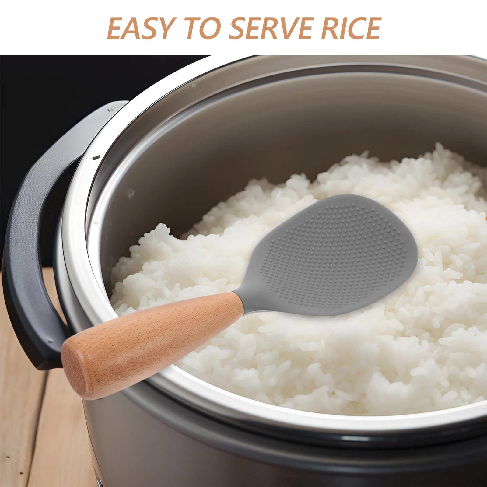 High Temperature Resistant Spoon Non Stick Serving Cooker Paddle Solid Wood Handle Silicone Ladle Space Saving Spoon for Rice 
High Temperature Resistant Spoon Non Stick Serving Cooker Paddle Solid Wood Handle Silicone Ladle Space Saving Spoon for Rice