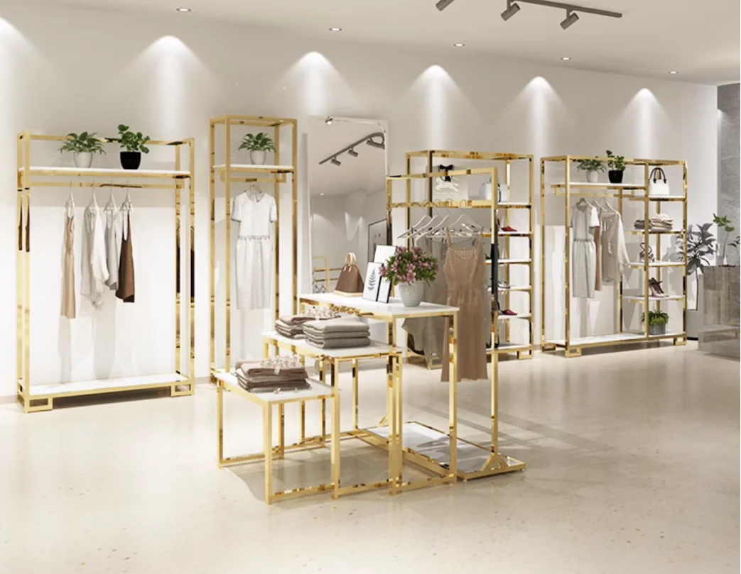 High end stainless steel women's clothing store shelves display racks clothing store displays
High end stainless steel women's clothing store shelves display racks clothing store displays