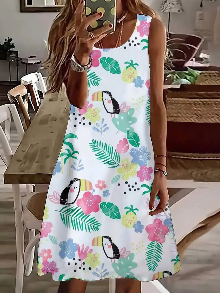Women Sleeveless Dress With Toucan And Tropical Floral Print For Summer Vacation
Women Sleeveless Dress With Toucan And Tropical Floral Print For Summer Vacation