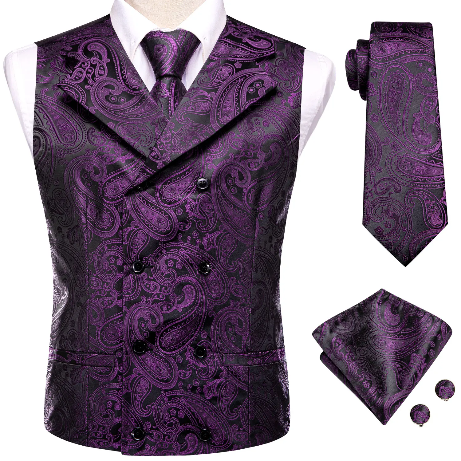 Hi-Tie Dark Purple Men Vest Elegant Silk Paisley Jacquard Waistcoat Jacket NeckTie Hanky Cufflinks for Men Business Party Hi-Tie
Hi-Tie Dark Purple Men Vest Elegant Silk Paisley Jacquard Waistcoat Jacket NeckTie Hanky Cufflinks for Men Business Party Hi-Tie