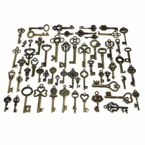 59pcs Mix Metal Retro Antique Brass Vintage Bronze Old Looking Decorative Key Steampunk Charms Pendant Jewelry Making DIY K