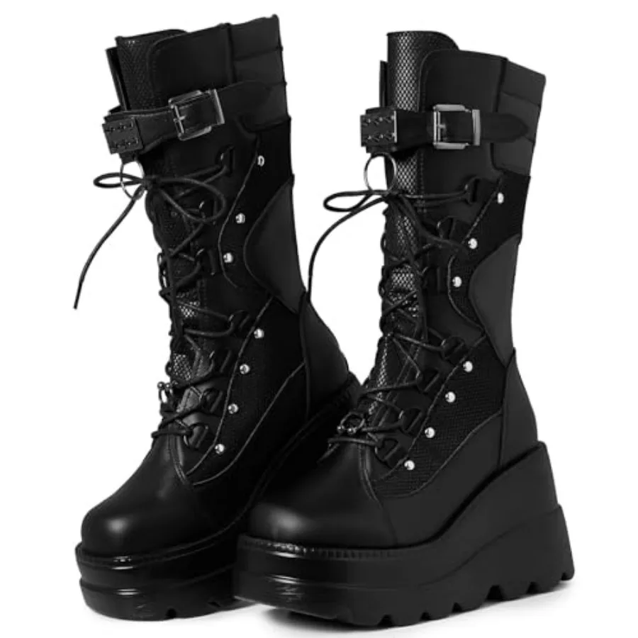 Womens Goth Platform Boots Chunky Wedge Heel Rave Combat Boots Lace Up and Zipper Round Toe Mid Calf Boot for Concert Festival
Womens Goth Platform Boots Chunky Wedge Heel Rave Combat Boots Lace Up and Zipper Round Toe Mid Calf Boot for Concert Festival