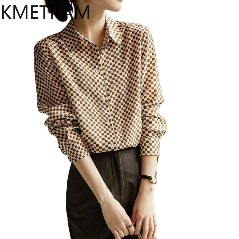 KMETRAM 100% Real Mulberry Silk Blouse for Women Fashion Checkered Shirt Long Sleeves Office Tops 2026 Spring Woman Clothing 셔츠
KMETRAM 100% Real Mulberry Silk Blouse for Women Fashion Checkered Shirt Long Sleeves Office Tops 2026 Spring Woman Clothing 셔츠