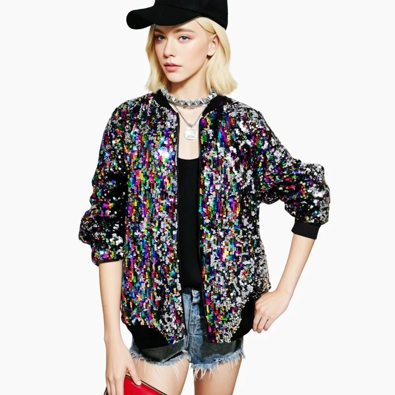 Coat Women's Autumn Sequin Jacket Loose Sequin Baseball Stage Performance Shiny Tops Casacos Feminino Luxury Jackets Women
Coat Women's Autumn Sequin Jacket Loose Sequin Baseball Stage Performance Shiny Tops Casacos Feminino Luxury Jackets Women