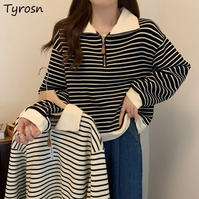 Sweatshirts Women Design Striped Fashion Simple Students Tender Loose All-match Turn-down Collar Spring Sweet Korean Style Daily
Sweatshirts Women Design Striped Fashion Simple Students Tender Loose All-match Turn-down Collar Spring Sweet Korean Style Daily