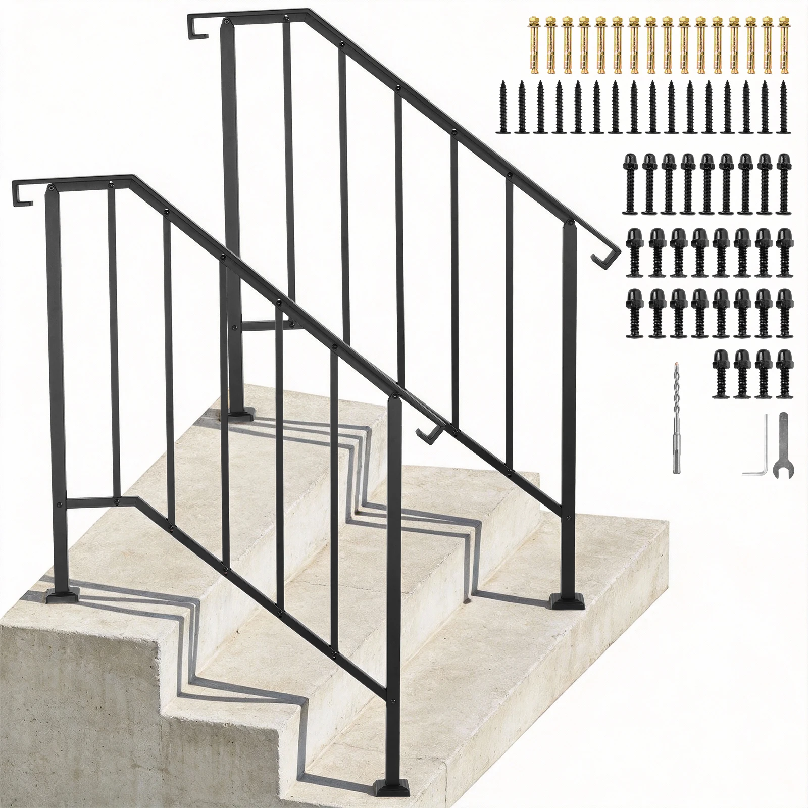 Outdoor Stair Handrail Adjustable Fits 3-4 Steps, Carbon Steel Porch Railing with Curved End & Balusters for Exterior Stairs
Outdoor Stair Handrail Adjustable Fits 3-4 Steps, Carbon Steel Porch Railing with Curved End & Balusters for Exterior Stairs