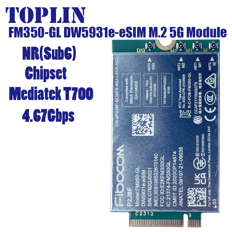 FM350-GL DW5931e-eSIM 5G M.2 Module P2J8F For Dell Latitude 5531 9330 3571 Laptop 4x4 MIMO GNSS Module
FM350-GL DW5931e-eSIM 5G M.2 Module P2J8F For Dell Latitude 5531 9330 3571 Laptop 4x4 MIMO GNSS Module