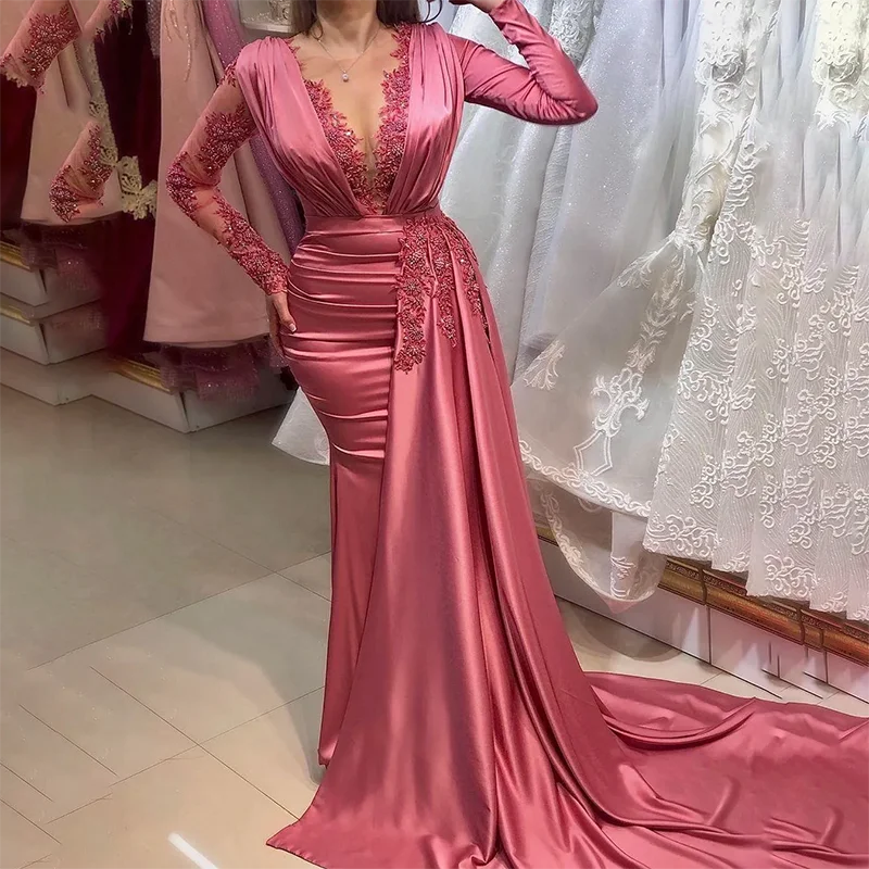 Satin Mermaid Evening Dresses For Gala With Long Sleeves Deep V Neck Lace Appliqued Prom Party Gowns 2024 Sweep Train Customized
Satin Mermaid Evening Dresses For Gala With Long Sleeves Deep V Neck Lace Appliqued Prom Party Gowns 2024 Sweep Train Customized