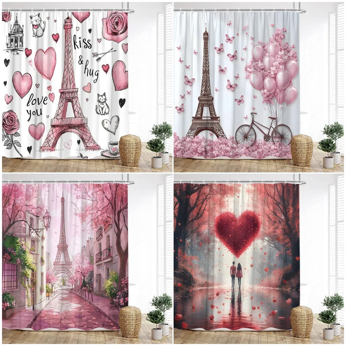 Vintage Paris Tower Shower Curtains Pink Butterfly Balloon Love Heart Floral Valentine's Day Bathroom Curtain Decor with Hooks
Vintage Paris Tower Shower Curtains Pink Butterfly Balloon Love Heart Floral Valentine's Day Bathroom Curtain Decor with Hooks