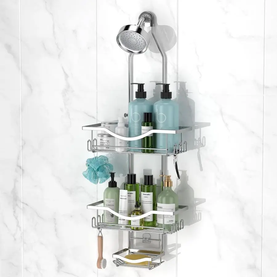 Подвесная регулируемая полка-органайзер для душа, нержавеющая, удлиненная, для установки над душевой лейкой, с крючками и держателем для мыла
Подвесная регулируемая полка-органайзер для душа, нержавеющая, удлиненная, для установки над душевой лейкой, с крючками и держателем для мыла
