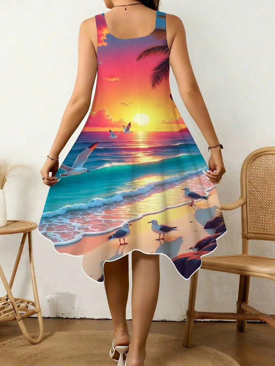 V-Neck Sleeveless Womens Dress With Tropical Sunset Beach Print, Irregular Hem, Breathable Casual Vacation Wear
V-Neck Sleeveless Womens Dress With Tropical Sunset Beach Print, Irregular Hem, Breathable Casual Vacation Wear