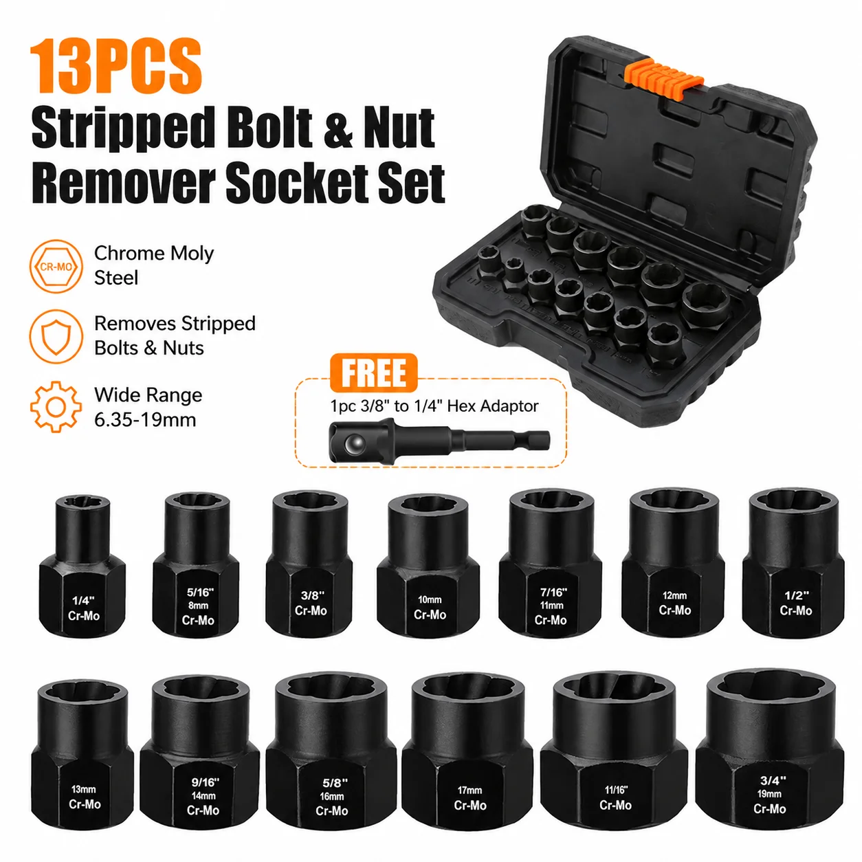 Stripped Bolt & Nut Remover Socket Set, 13-Piece Chrome Moly Steel Extractor for Damaged Screws 6.35 to 19mm Auto Hand Tools
Stripped Bolt & Nut Remover Socket Set, 13-Piece Chrome Moly Steel Extractor for Damaged Screws 6.35 to 19mm Auto Hand Tools
