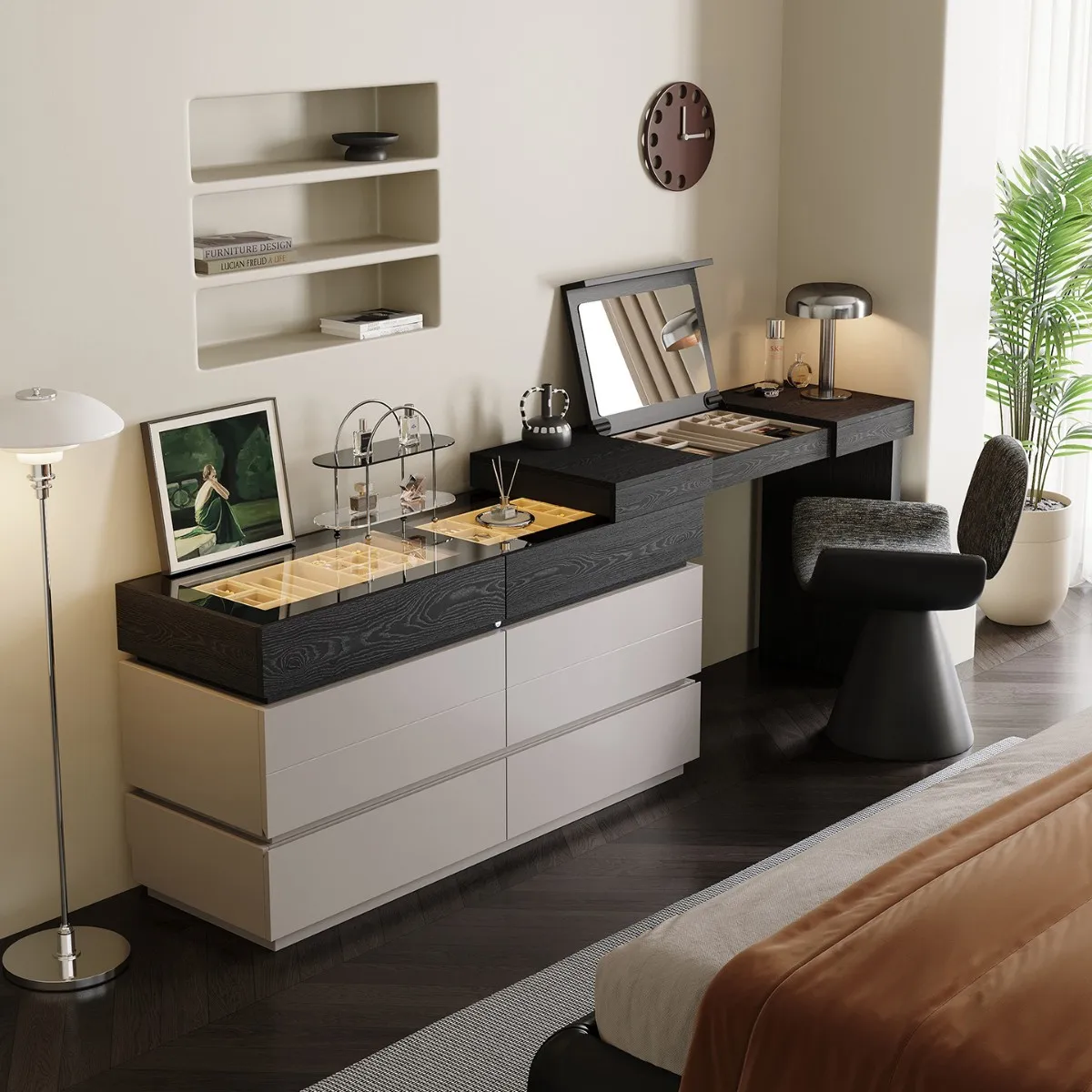 Modern Minimalist Dressing Table and Chest of 6 Drawers Integrated Cabinet Flip Mirror Extendable Storage Dressers for Bedroom
Modern Minimalist Dressing Table and Chest of 6 Drawers Integrated Cabinet Flip Mirror Extendable Storage Dressers for Bedroom