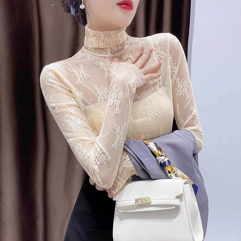 Sexy Turtleneck Long Sleeve T Shirt Women Embroidered Floral Lace Shirts Girl Solid Mesh Blouses S-XL Transparent Feminina Top
Sexy Turtleneck Long Sleeve T Shirt Women Embroidered Floral Lace Shirts Girl Solid Mesh Blouses S-XL Transparent Feminina Top