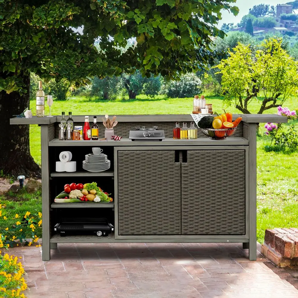 Outdoor Kitchen Bar, HandMade Wicker Freestanding Island Home Bar Unit w Storage Cabinets, Adjustable Shelves, Umbrella Hole, P
Outdoor Kitchen Bar, HandMade Wicker Freestanding Island Home Bar Unit w Storage Cabinets, Adjustable Shelves, Umbrella Hole, P