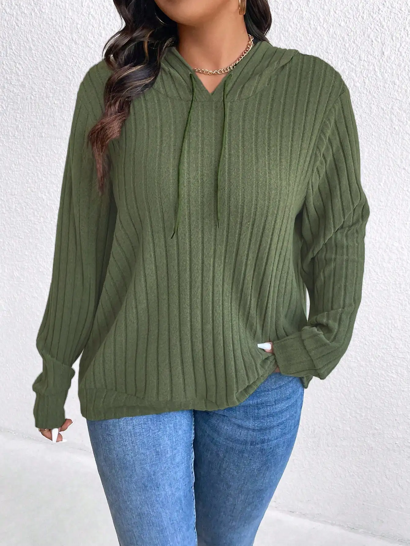 Olive Green Ribbed V-Neck Hoodie with Drawstring, Plus Size Casual Long Sleeve Pullover for Fall Winter
Olive Green Ribbed V-Neck Hoodie with Drawstring, Plus Size Casual Long Sleeve Pullover for Fall Winter