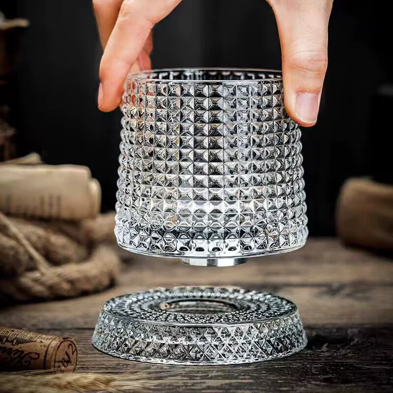 Whiskey Glasses Rotating Whisky Glass with Glass Base 360 Rotate Degrees Crystal Rum Glass for Cocktail Party Drinking Glass
Whiskey Glasses Rotating Whisky Glass with Glass Base 360 Rotate Degrees Crystal Rum Glass for Cocktail Party Drinking Glass