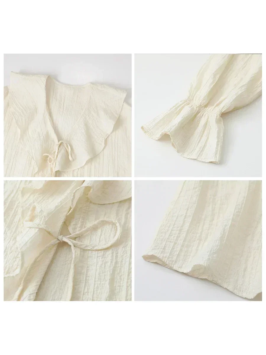 Women Shirt Loose Casual Ruffled Edges Female Blouses V Neck Lace Up Mid Length Woman Shirts Spring Summer 2024
Women Shirt Loose Casual Ruffled Edges Female Blouses V Neck Lace Up Mid Length Woman Shirts Spring Summer 2024