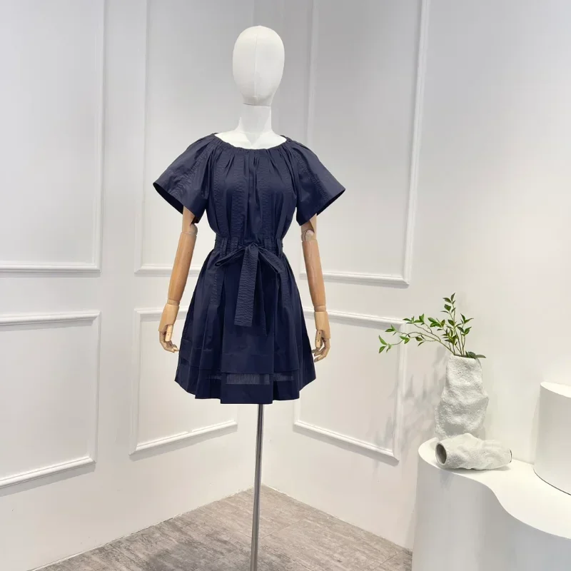 2024 Summer New Arrival Women Fashion Navy Blue Cotton Lace-up Pleated O-neck Short-sleeve Knee-length Dresses
2024 Summer New Arrival Women Fashion Navy Blue Cotton Lace-up Pleated O-neck Short-sleeve Knee-length Dresses