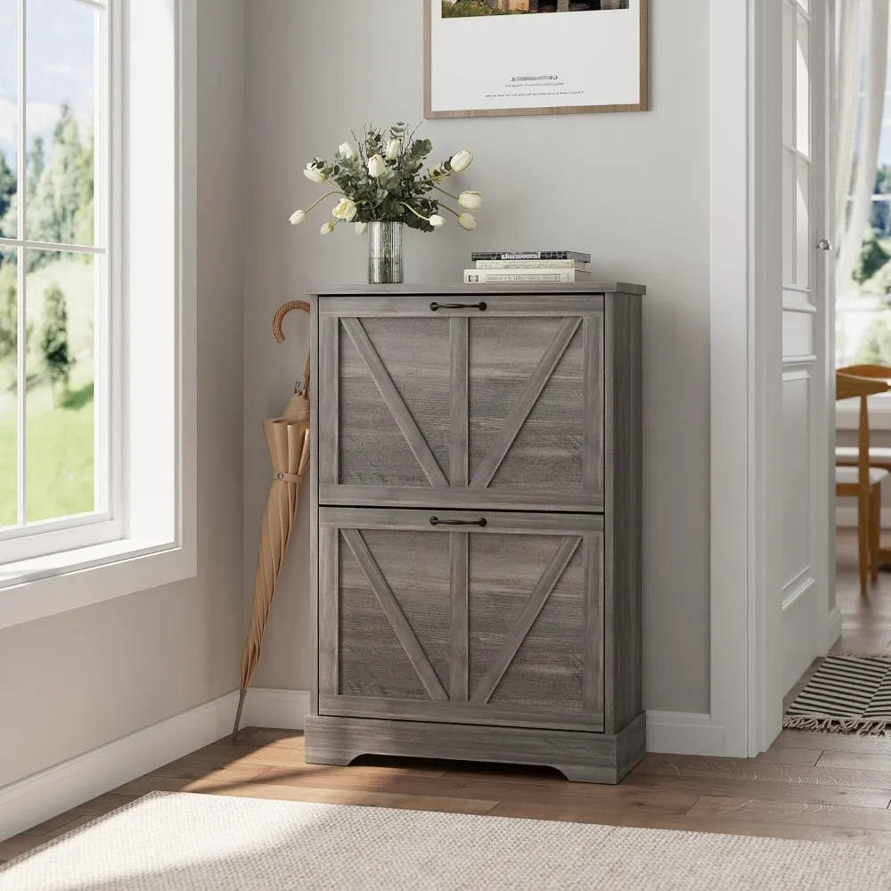 Slim Shoe Rack Cabinet, Narrow Storage for Entryway, Farmhouse Organizer with Wooden Feet, 2 Flip Drawers, Gery
Slim Shoe Rack Cabinet, Narrow Storage for Entryway, Farmhouse Organizer with Wooden Feet, 2 Flip Drawers, Gery