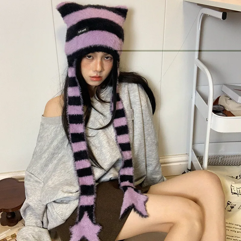 Japanese Y2k Cat Ear Striped Knitted Beanie Cap Women Autumn and Winter Trend Imitation Mink Fur Warm Ear Protection Bomber Hats
Japanese Y2k Cat Ear Striped Knitted Beanie Cap Women Autumn and Winter Trend Imitation Mink Fur Warm Ear Protection Bomber Hats