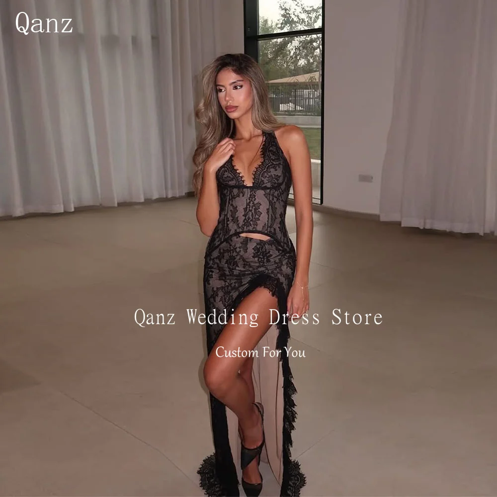 Qanz Black Lace Appliques Evening Dresses Luxury Party Dress Mermaid Halter Neck Slit Women's Wedding Party attire Customized
Qanz Black Lace Appliques Evening Dresses Luxury Party Dress Mermaid Halter Neck Slit Women's Wedding Party attire Customized