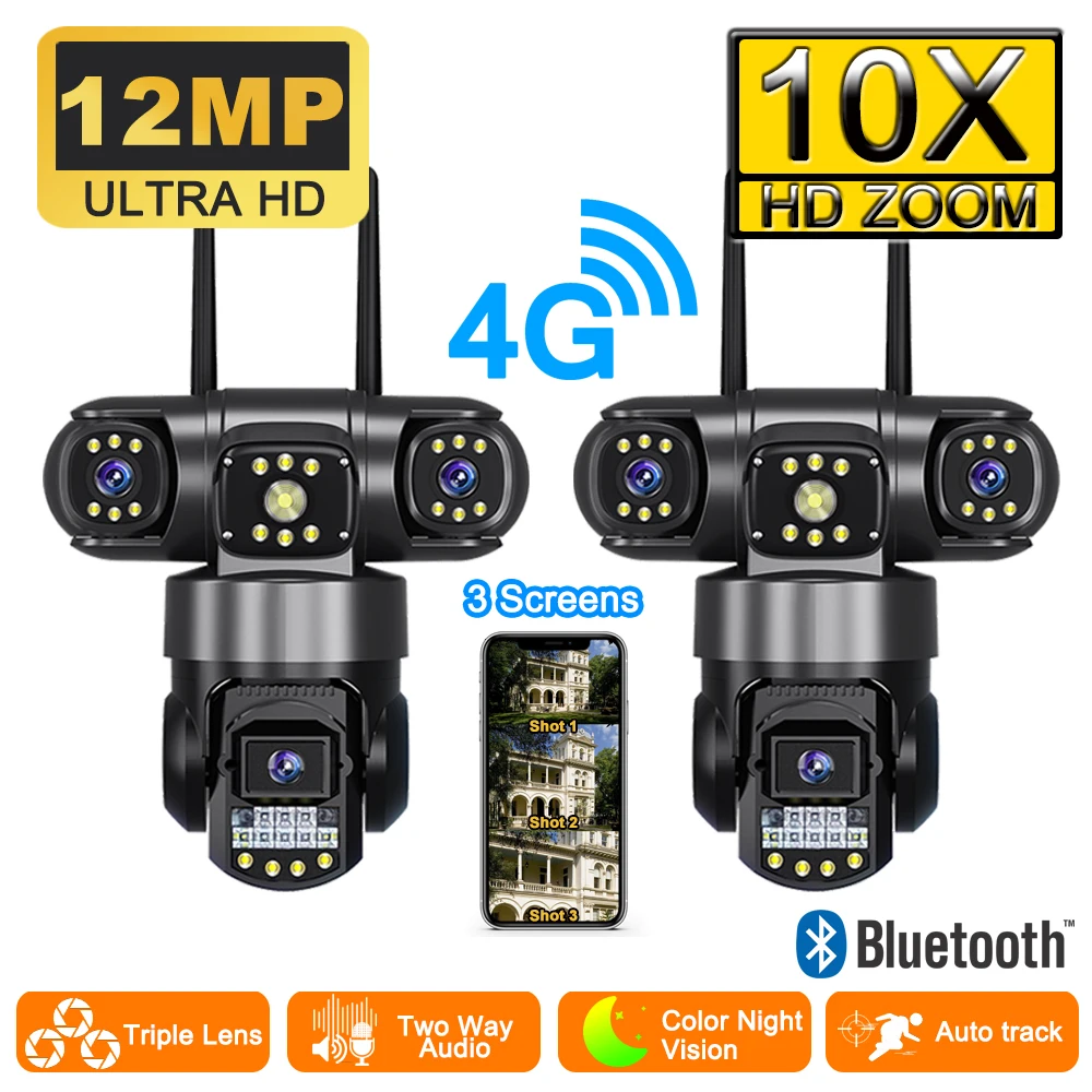 12MP 6K 4G Camera With Sim Card Three Lens Three Screen HD 10X Zoom Monitor PTZ IP Cameras Night Vision Security Protection CCTV
12MP 6K 4G Camera With Sim Card Three Lens Three Screen HD 10X Zoom Monitor PTZ IP Cameras Night Vision Security Protection CCTV