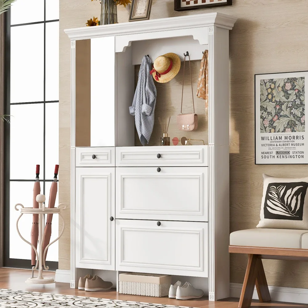 54.7'' Hall Tree with Integrated Shoe Cabinet,Mirrored Cabinet Door,2Flip Drawers,4Hooks and 2 Cabinets for Entrance
54.7'' Hall Tree with Integrated Shoe Cabinet,Mirrored Cabinet Door,2Flip Drawers,4Hooks and 2 Cabinets for Entrance