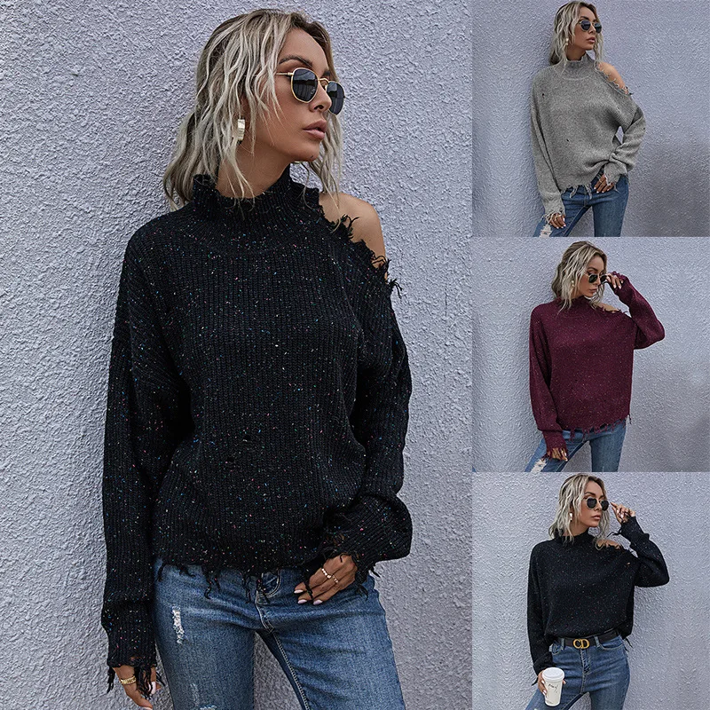 Loose Off Shoulder Ripped Long Sleeved High Neck Knitted Sweater Popular Women'S Clothing
Loose Off Shoulder Ripped Long Sleeved High Neck Knitted Sweater Popular Women'S Clothing