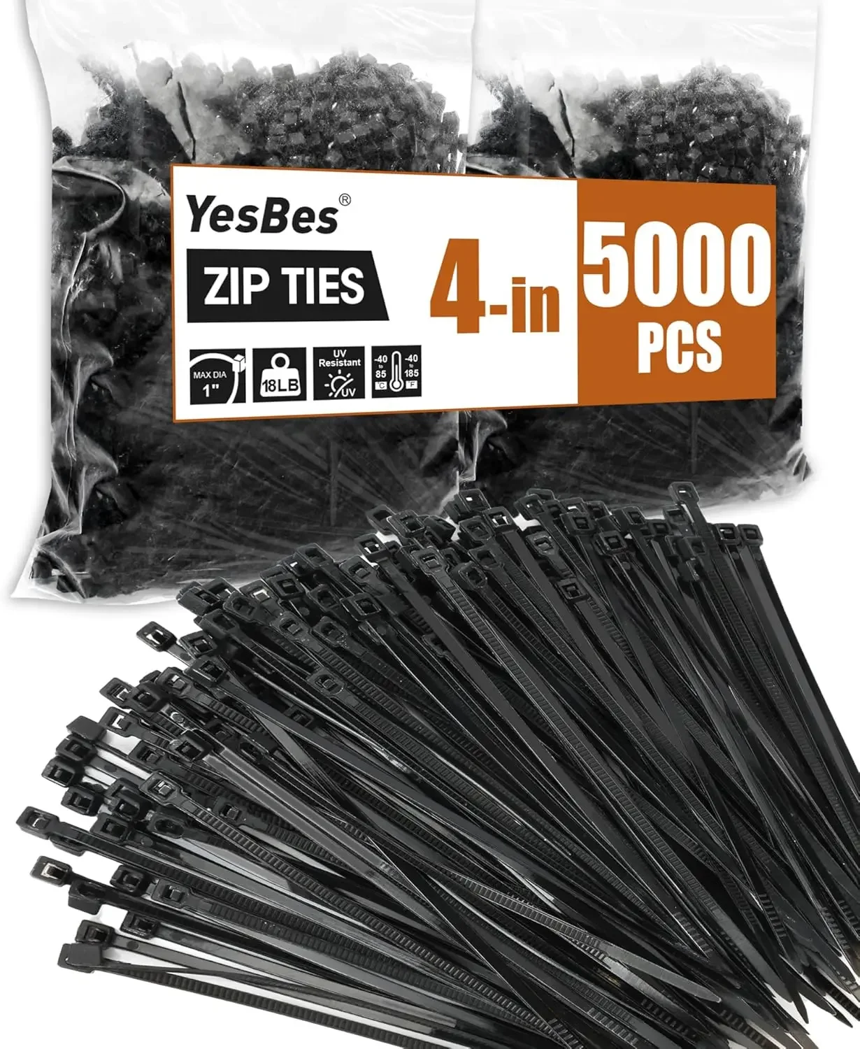 5000 Pcs 4" Black Zip Ties, 18 Lbs Strength, For Indoor & Outdoor Use
5000 Pcs 4" Black Zip Ties, 18 Lbs Strength, For Indoor & Outdoor Use