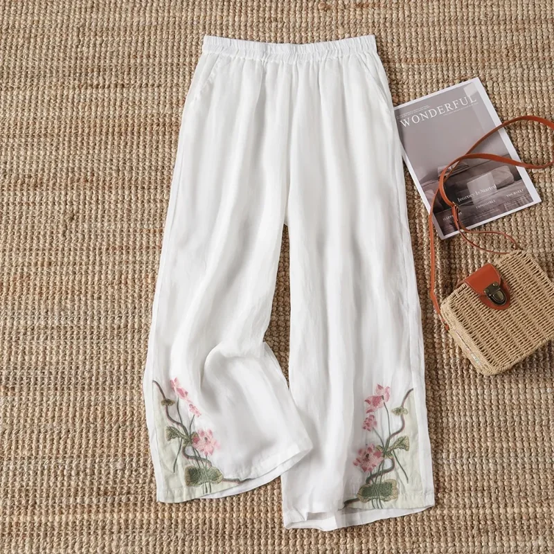 Women's Linen Wide Leg Pants Floral Embroidery Elastic Waist Casual Summer Trousers
Women's Linen Wide Leg Pants Floral Embroidery Elastic Waist Casual Summer Trousers