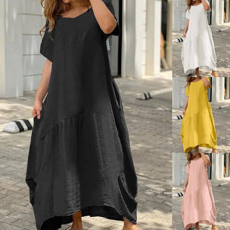 Women Summer Fashion Cotton Linen Casual Short Sleeve O Neck Loose Long Pocket Dress Pullover Lady A-Line Dresses
Women Summer Fashion Cotton Linen Casual Short Sleeve O Neck Loose Long Pocket Dress Pullover Lady A-Line Dresses