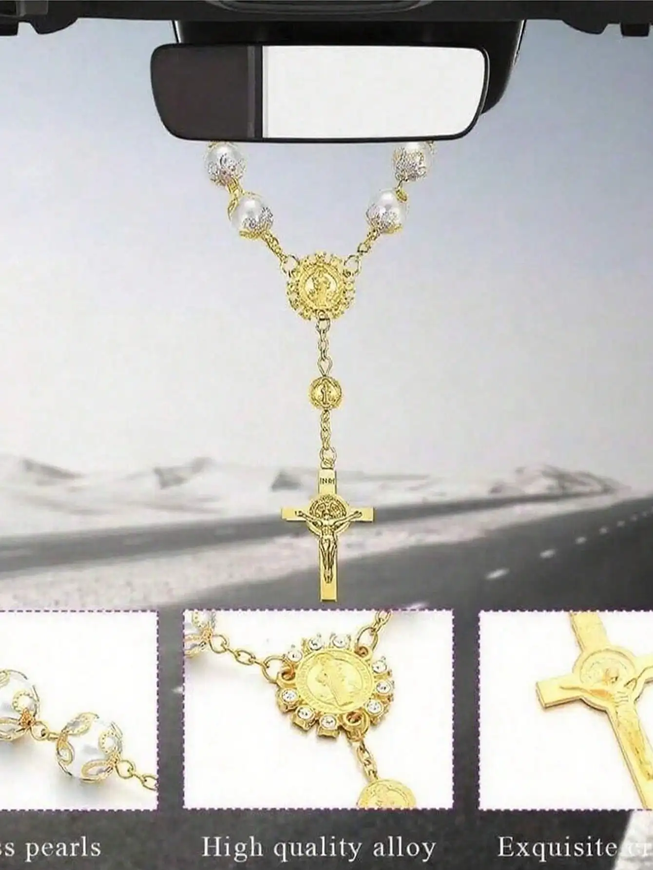 Gold-Tone Faux Pearl Rosary-Style Car Mirror Hanging Ornament
Gold-Tone Faux Pearl Rosary-Style Car Mirror Hanging Ornament