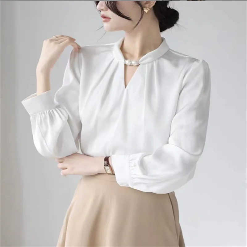 Hanging Neck Blouses Women Pullover stand Up Collar Beaded Shirt For Women Professional Top Bottom Shirt OL Female Blous
Hanging Neck Blouses Women Pullover stand Up Collar Beaded Shirt For Women Professional Top Bottom Shirt OL Female Blous