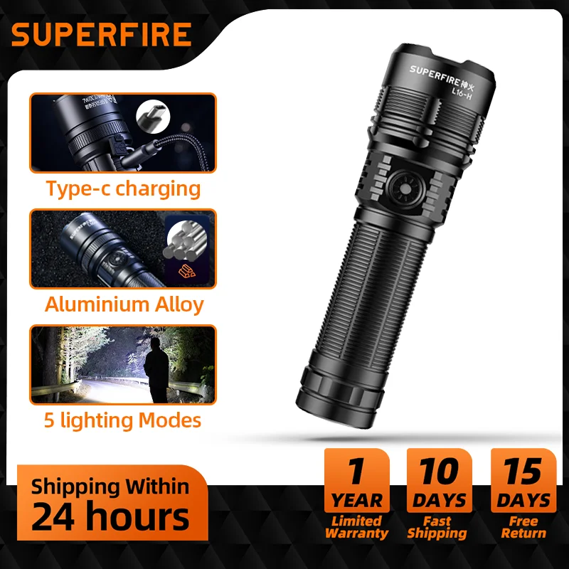 SUPERFIRE L16-H Powerful LED Tactical Flashlight Type-C Rechargeable Portable Torch Camping Fishing Lantern with Power Indicator
SUPERFIRE L16-H Powerful LED Tactical Flashlight Type-C Rechargeable Portable Torch Camping Fishing Lantern with Power Indicator