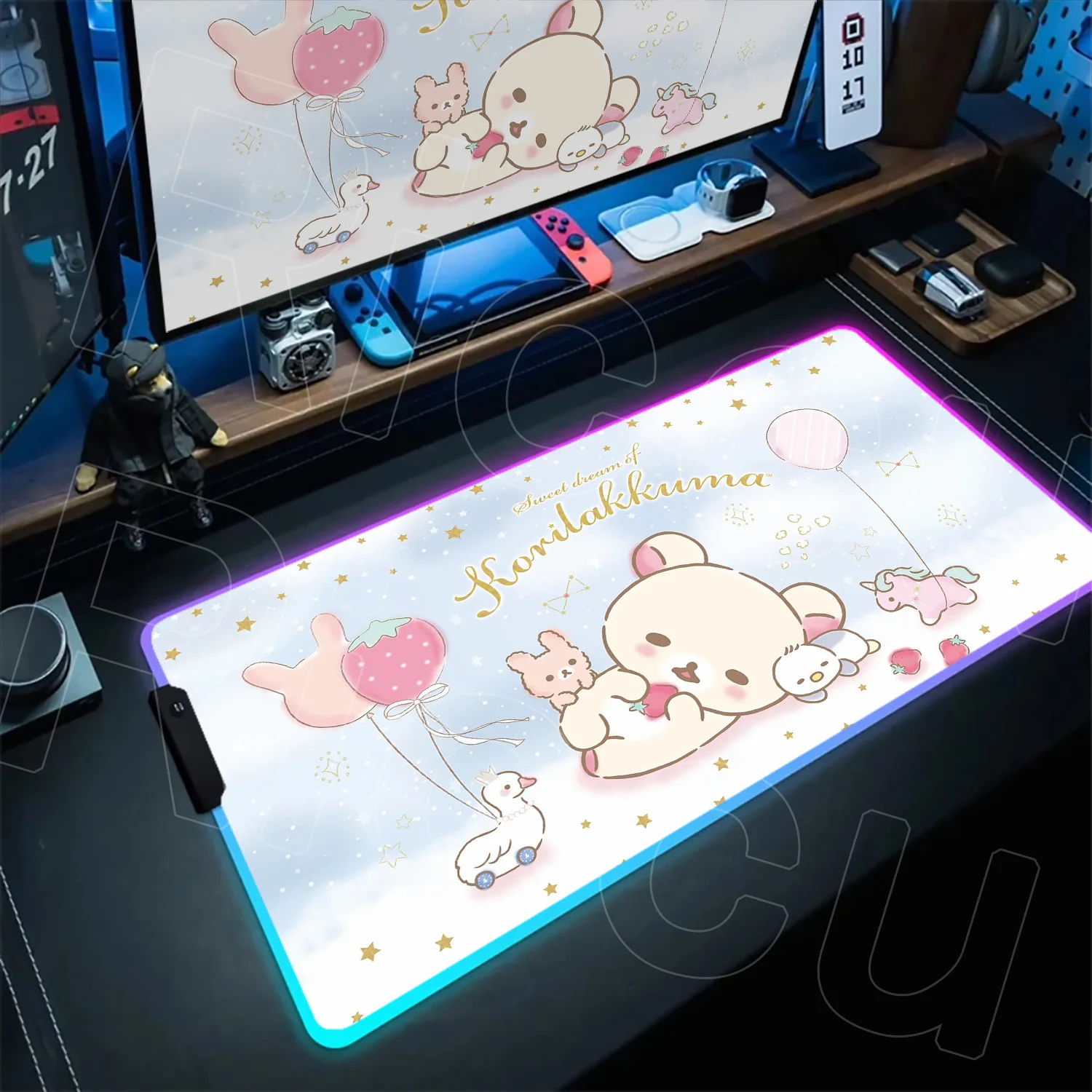 RGB Rilakkuma Large XXL Kawaii Pink Anime MousePad HD Play Mat Backlight Slipmat PC Gaming Accessories LED Table Rug Office Work