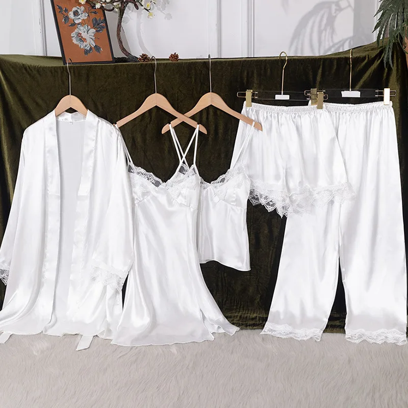 Solid Color Female 5PCS Pajamas Set Sleepwear Spring New Satin Home Clothing Trouser Suit Kimono Bath Robe Nightgown Loungewear
Solid Color Female 5PCS Pajamas Set Sleepwear Spring New Satin Home Clothing Trouser Suit Kimono Bath Robe Nightgown Loungewear