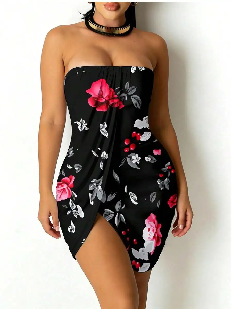 Summer Strapless Floral Print Bodycon Dress With Slit For Women
Summer Strapless Floral Print Bodycon Dress With Slit For Women