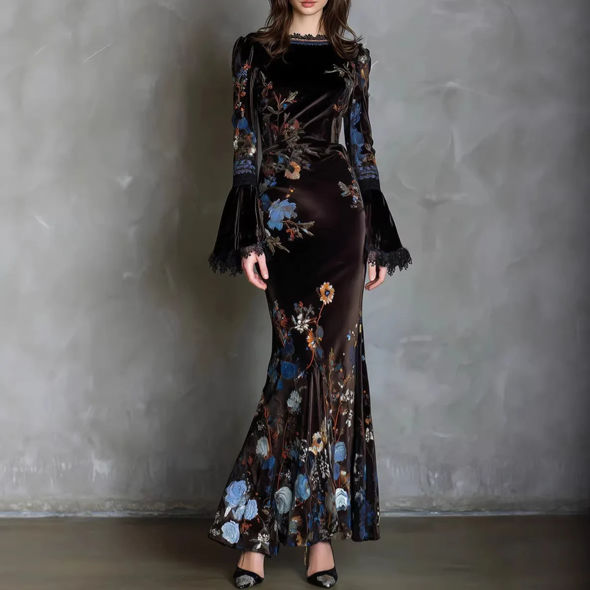 Women's Vintage Floral Print Velvet Long Dress Elegant Round Neck Flare Sleeve Lace Spliced Bodycon Dress Fashion Maxi Dresses
Women's Vintage Floral Print Velvet Long Dress Elegant Round Neck Flare Sleeve Lace Spliced Bodycon Dress Fashion Maxi Dresses