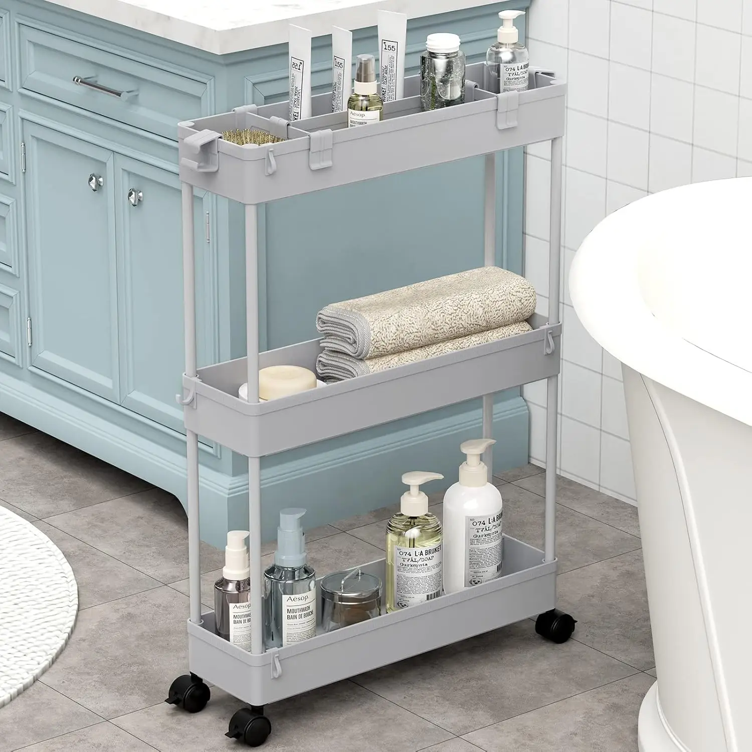 3-Tier Slim Storage Cart on Wheels, Mobile Utility Organizer for Bathroom, Kitchen, Laundry, Narrow Spaces, Gray
3-Tier Slim Storage Cart on Wheels, Mobile Utility Organizer for Bathroom, Kitchen, Laundry, Narrow Spaces, Gray