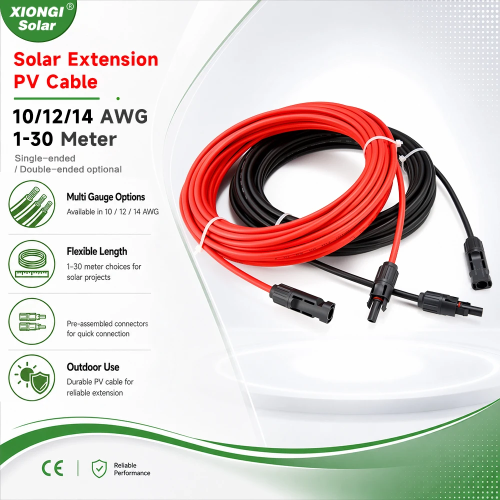 XIONGISOLAR Solar PV Cable Wire Black+Red 2.5/4/6mm² with Male and Female Extension Cord US Plug 10/12/14 AWG Wires Connectors
XIONGISOLAR Solar PV Cable Wire Black+Red 2.5/4/6mm² with Male and Female Extension Cord US Plug 10/12/14 AWG Wires Connectors