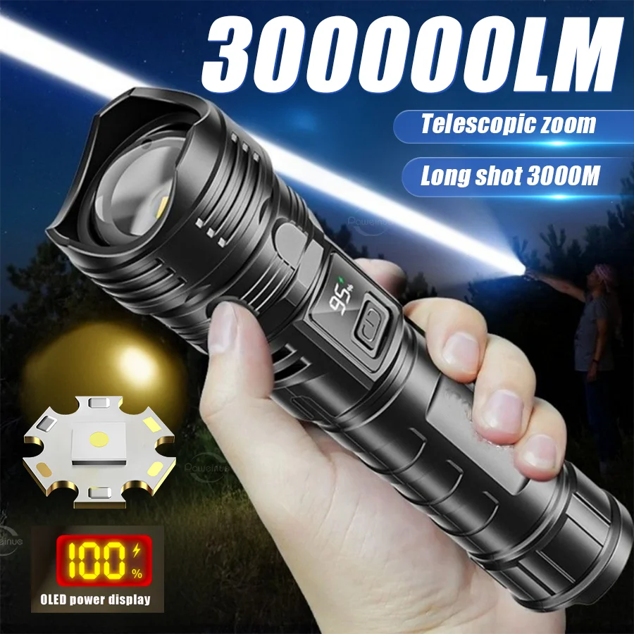 NEWEST 300W Strong Light Flashlight 30000LM High Power Torch Outdoor Long Shot Spotlight Built-in 18650 Battery Portable Torch 
NEWEST 300W Strong Light Flashlight 30000LM High Power Torch Outdoor Long Shot Spotlight Built-in 18650 Battery Portable Torch