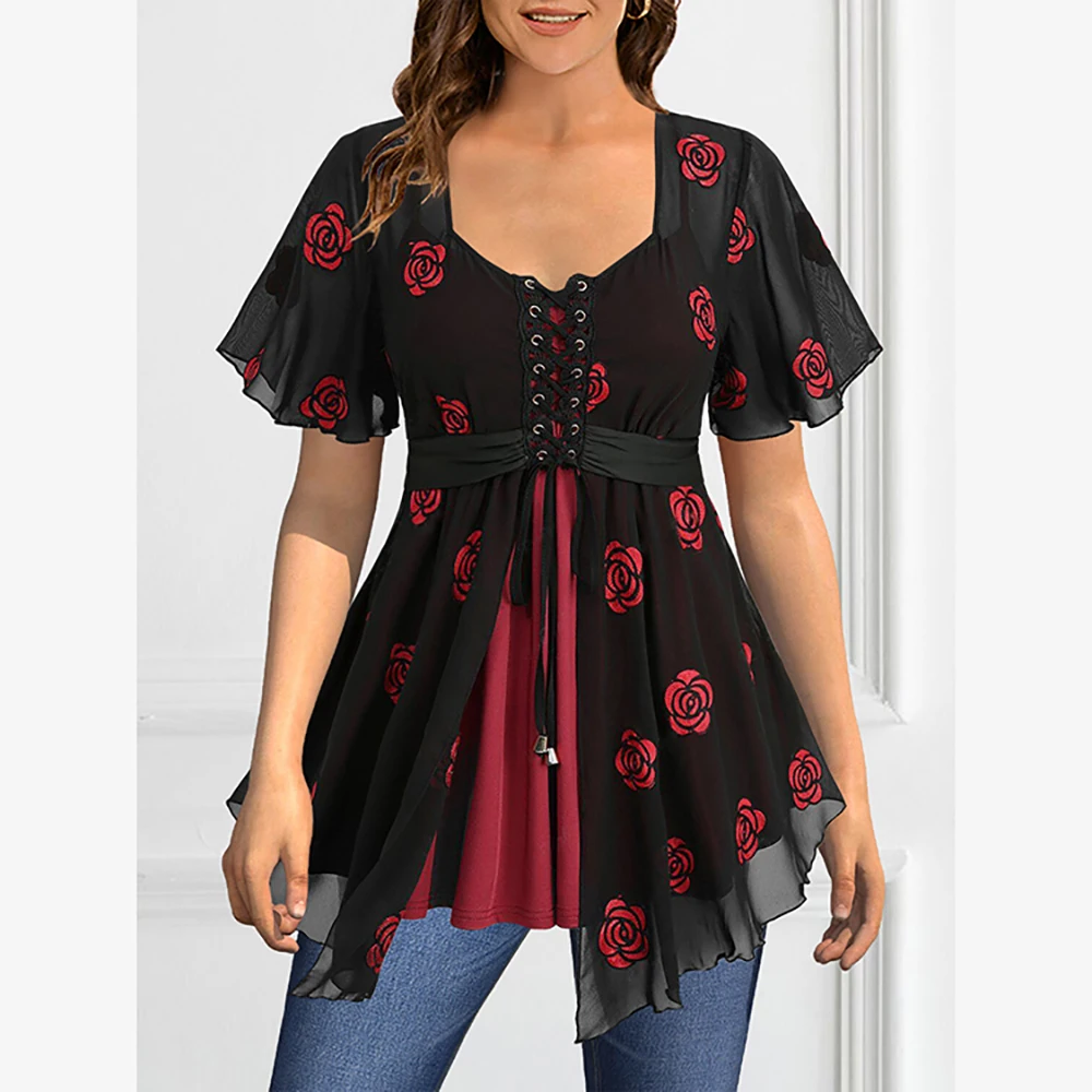 Plus Size Mesh Lace-up Elegant Blouse For Women Square Collar Top Short Sleeve Floral Printed Summer Female 2 In 1 Shirt Blouses
Plus Size Mesh Lace-up Elegant Blouse For Women Square Collar Top Short Sleeve Floral Printed Summer Female 2 In 1 Shirt Blouses