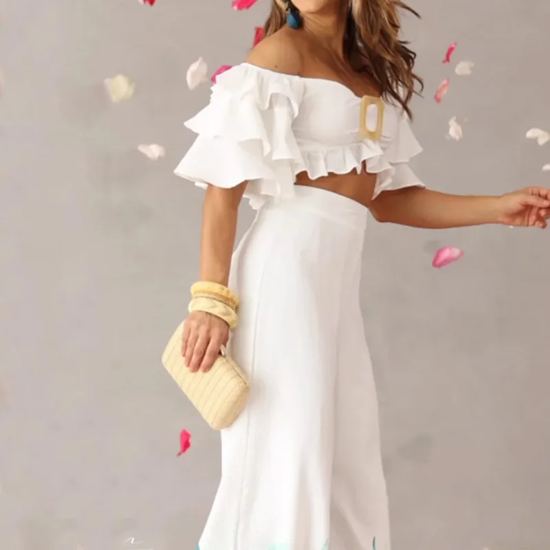 Casual Y2K Off Shoulder Ruffle Crop Top Wide Leg Pants Clothing Suit Summer Print Women Loose Two Piece Set Vacation Outfits
Casual Y2K Off Shoulder Ruffle Crop Top Wide Leg Pants Clothing Suit Summer Print Women Loose Two Piece Set Vacation Outfits