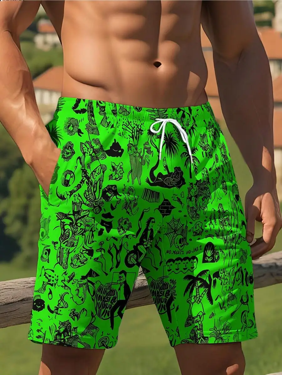 Fluorescent Green Mens Shorts With Black Quirky Doodle Print
Fluorescent Green Mens Shorts With Black Quirky Doodle Print